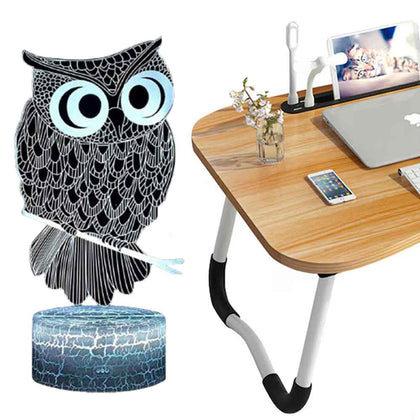 Kit Mesa para Notebook com Suporte e Luminária Coruja Decorativa